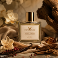 A square glass perfume bottle labeled 'FAWNDUSK VANILLA HAZE' stands centered on draped beige fabric with vanilla beans, dried flowers, and rustic wood in a warm styled setting.