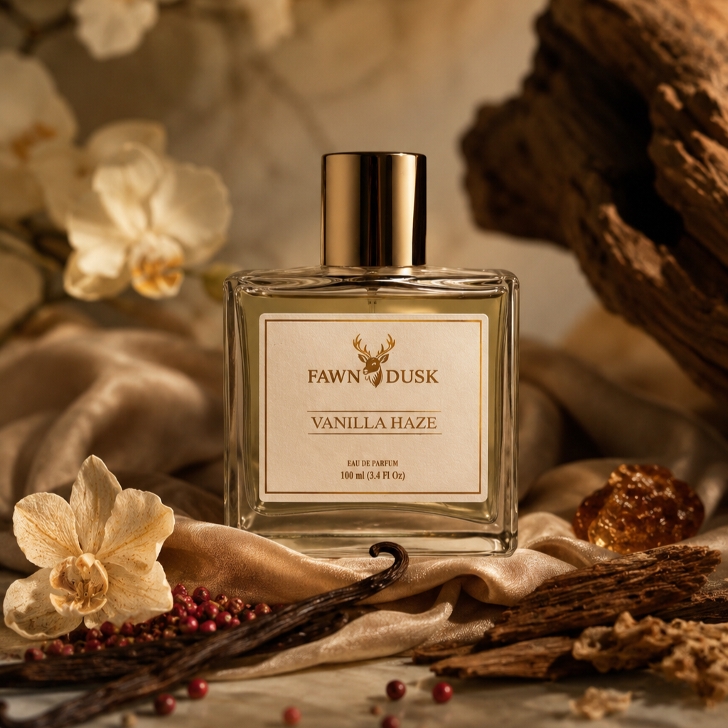 A square glass perfume bottle labeled 'FAWNDUSK VANILLA HAZE' stands centered on draped beige fabric with vanilla beans, dried flowers, and rustic wood in a warm styled setting.